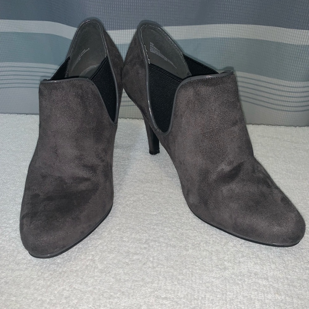 Serena Charcoal Gray Faux Suede Ankle Heeled Booties